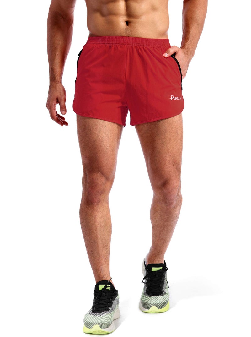 Pudolla Menâ€™s Running Shorts 3 Inch Quick Dry Gym Athletic Workout Shorts for Men with Zipper Pockets(Dark Red Small) - Image 2